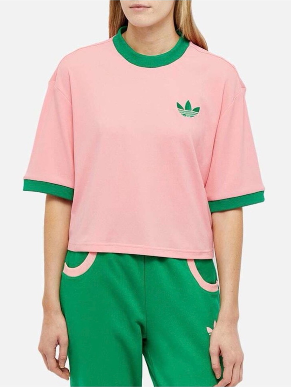 adidas Pink Oversized Cropped Tee with Green Trim. Women’s Small. NWT